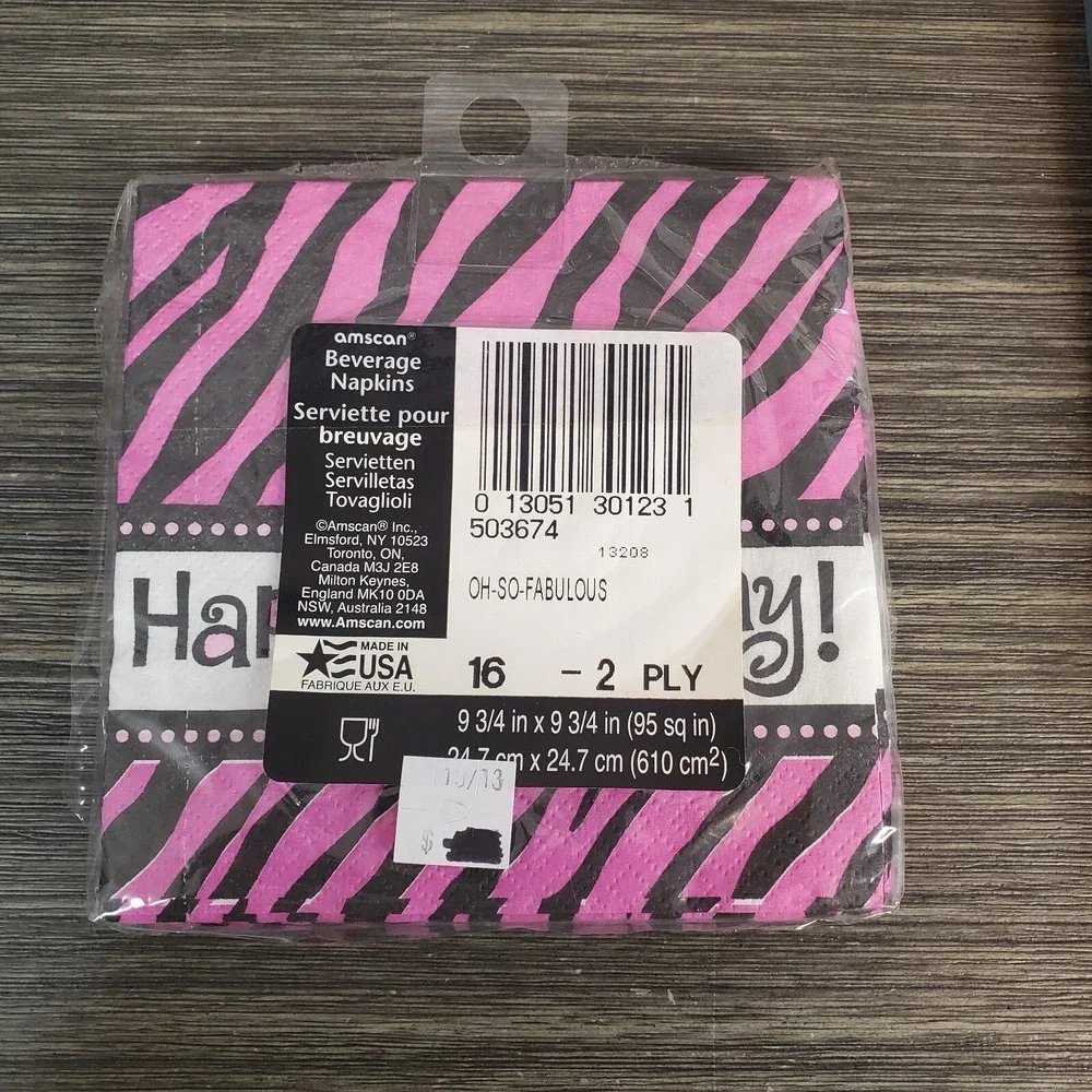 Happy‎ Birthday Paper Napkins Pink Zebra 16ct, Rainbow 16 ct - Lot Of 2